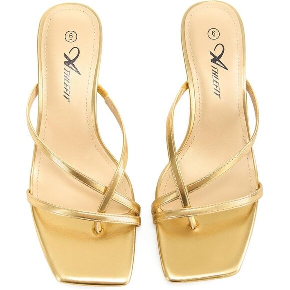 Athlefit Women's Gold Polyurethane Square Open Toe Kitten Heels Thong Sandals - Picture 4 of 6